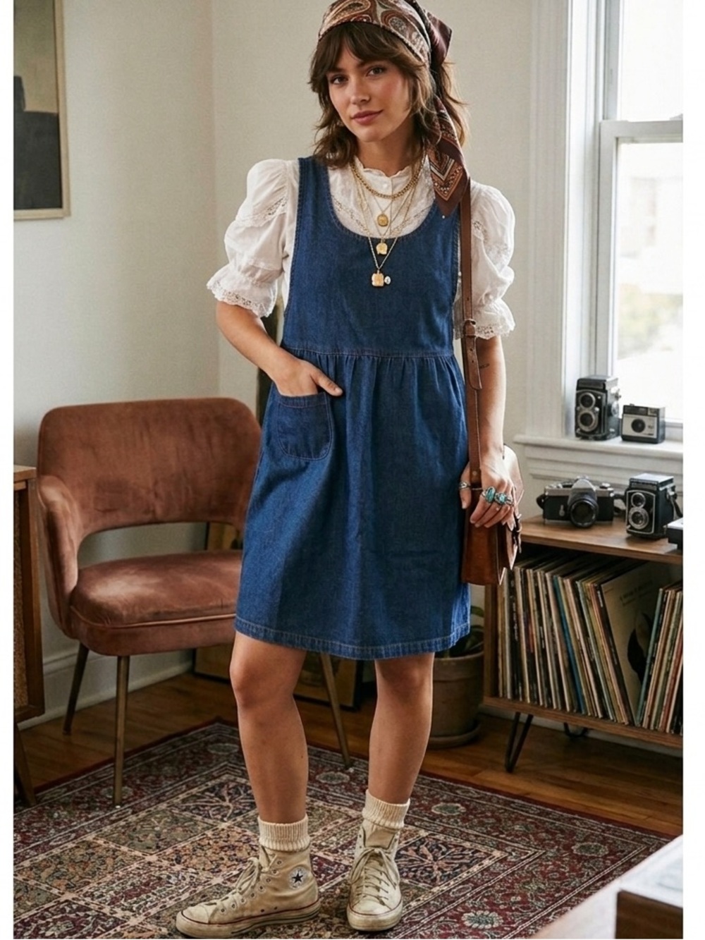 Vintage Denim Jumper Dress, Sleeveless with Pocket, Size XL extra large blue